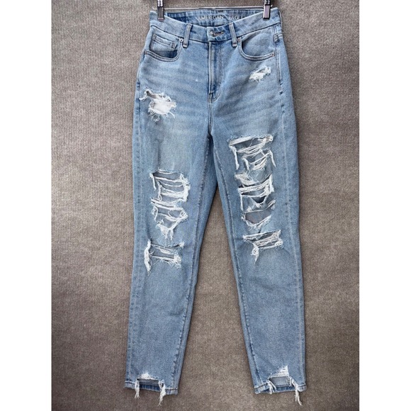 American Eagle Curvy Mom Jeans Light Wash Ripped Distressed Denim Stretch Size 2 - Picture 2 of 9
